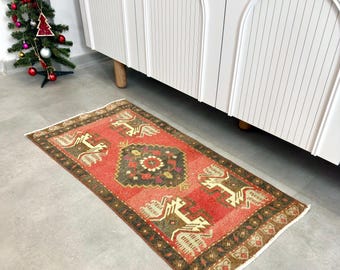 2x3 Vintage Rug, Door Mat, Bath Mat, Turkish Rug, Oushak Rug, Wool Handwoven, Doormat, Minimalist Rug, Red Small Rug, Entry Mat, 1.7x3.4 ft