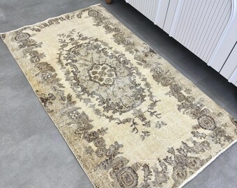 Alfombra Oushak de lana beige hecha a mano, alfombra turca vintage (3x5,2 pies)