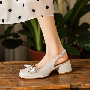 Patent Leather Heart Slingback Sandals: Chunky Heel, Square Toe