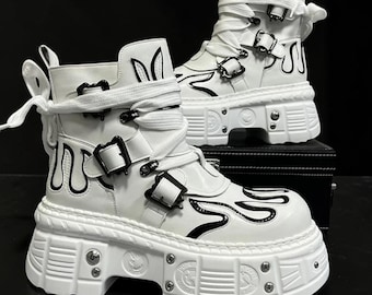 Mens Punk Leather Boots Thick Sole High Top Motorcycle Streetwear Platform Fashion Shoes Winter