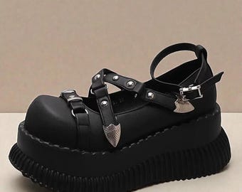 Zapatos de cuña con plataforma Mary Jane estilo punk negro para mujer, estilo gótico, lolita, con hebilla de verano
