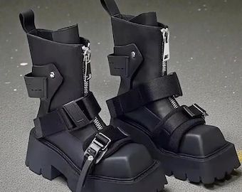 Botas Chelsea de piel de vaca con punta cuadrada y cremallera frontal para mujer, botines con suela gruesa y hebilla de cinturón.