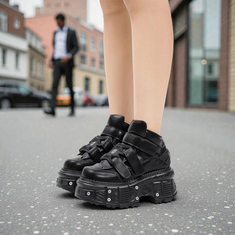 Punk Platform Sneakers for Women, Gothic Ankle Boots with Metal Detail, Lace-Up Chunky Shoes image 5