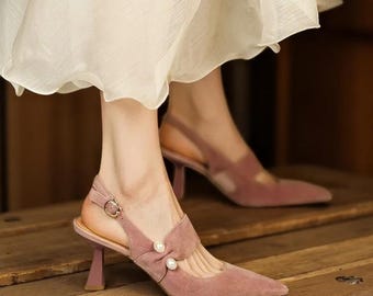 Sandalias de ante con tira trasera: punta puntiaguda y tacón de perla, tacón alto de 6 cm