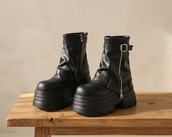 Women's Punk Platform Ankle Boots Chunky Heel Motorcycle Leather Combat Boots Zip Shoes