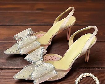 Zapatos de tacón alto para mujer con pedrería, malla, punta puntiaguda y nudo de mariposa, ideales para fiestas y bodas.