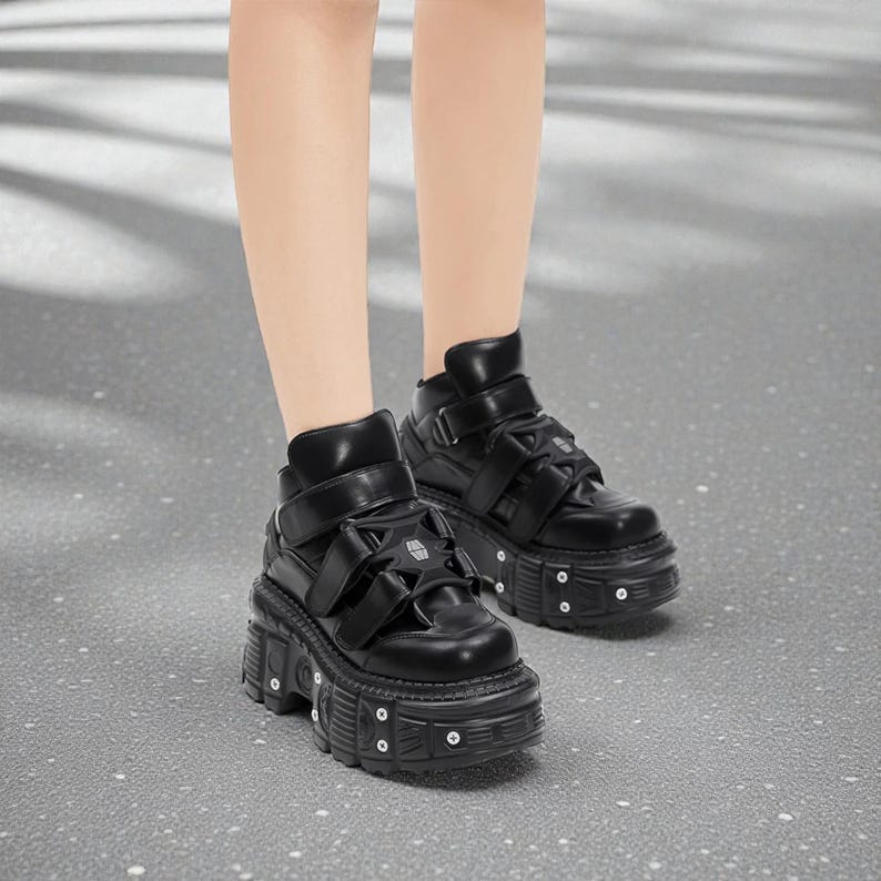 Punk Platform Sneakers for Women, Gothic Ankle Boots with Metal Detail, Lace-Up Chunky Shoes image 6