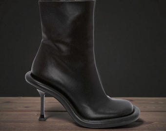Botas cortas de suela gruesa con punta redonda: Botines de tacón alto con cremallera lateral