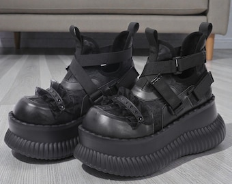 Zapatos Mary Jane de plataforma con encaje negro para mujer, tacón alto grueso, estilo oscuro