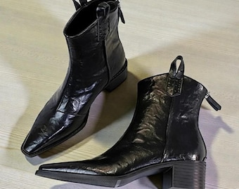 Botines vintage punk de punta puntiaguda para mujer / Botines de moda con cremallera