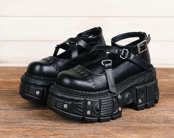 Zapatos góticos Mary Jane con plataforma y tiras cruzadas en el tobillo, suela gruesa y estilo punk para mujer