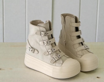 Zapatillas altas de lona para mujer / Zapatos de plataforma con hebilla y diseño de cremallera / Zapatos punk de estilo urbano