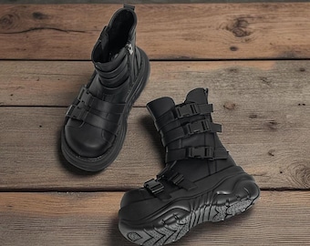 Botas de plataforma punk góticas: botines de punta redonda y suela gruesa