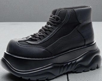 Botas góticas negras con plataforma para mujer: zapatos punk de tacón alto y grueso con cordones