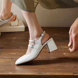 Vintage French Style Mules: Sheepskin Leather Heeled Sandals