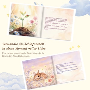 K&ouml;nnte beinhalten: Ein Kinderbuch mit Aquarellillustrationen. Eine Seite zeigt einen Spross mit einem Marienk&auml;fer und Blumen. Die andere Seite zeigt ein Reh in einem Feld mit Gl&uuml;hw&uuml;rmchen. Der Text auf Deutsch lautet "Verwandle die Schlafenszeit in einen Moment voller Liebe."