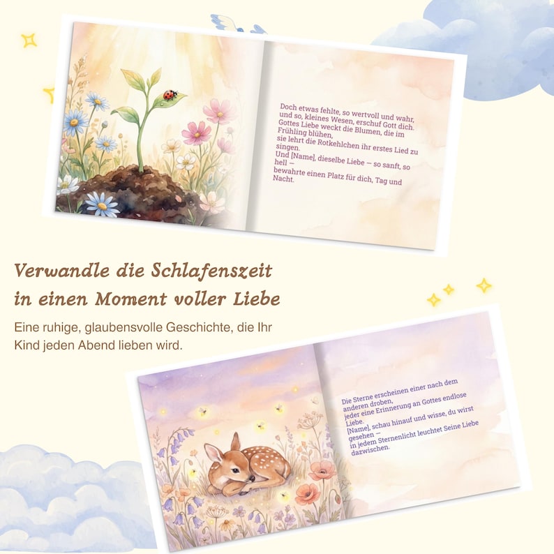 K&ouml;nnte beinhalten: Ein Kinderbuch mit Aquarellillustrationen. Eine Seite zeigt einen Spross mit einem Marienk&auml;fer und Blumen. Die andere Seite zeigt ein Reh in einem Feld mit Gl&uuml;hw&uuml;rmchen. Der Text auf Deutsch lautet "Verwandle die Schlafenszeit in einen Moment voller Liebe."