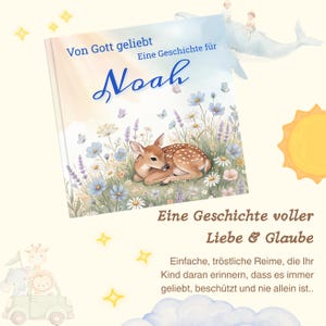 K&ouml;nnte beinhalten: Ein Kinderbuch mit dem Titel "Noah" mit einer Rehhirsch-Illustration auf dem Cover. Das Cover zeigt Text auf Deutsch, mit dem Titel in blauer Schrift. Das Buch ist von einem floralen Design mit Schmetterlingen umgeben.