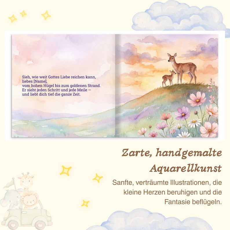 K&ouml;nnte beinhalten: Aquarellillustration eines Buchs mit einem Hirsch und einem Reh auf einem H&uuml;gel mit Blumen. Der Text lautet: &bdquo;Sieh, wie weit Gottes Liebe reichen kann, liebes [Name], vom hohen H&uuml;gel bis zum goldenen Strand.&ldquo;