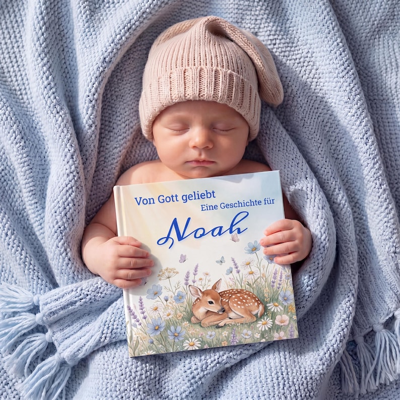 K&ouml;nnte beinhalten: Ein Neugeborenes mit einer beigen Strickm&uuml;tze liegt in einer hellblauen Decke und h&auml;lt ein Buch mit dem Titel "Von Gott geliebt Eine Geschichte f&uuml;r Noah". Das Buchcover zeigt ein Reh in einem Blumenfeld.