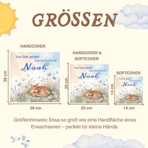 K&ouml;nnte beinhalten: Drei Kinderb&uuml;cher mit dem Titel "Noah" werden gezeigt, in den Gr&ouml;&szlig;en 28 cm, 20 cm und 14 cm. Die Cover zeigen eine Rehkitz-Illustration und florale Details. Die Texte "HARDCOVER" und "SOFTCOVER" sind ebenfalls abgebildet.
