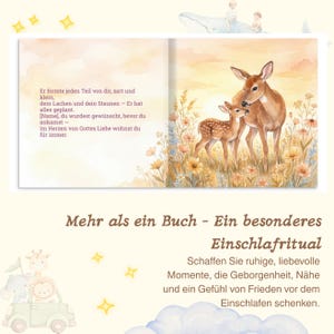 K&ouml;nnte beinhalten: Ein Kinderbuch mit Aquarellillustrationen. Die Doppelseiten zeigen ein Reh und ein Kitz in einem Blumenfeld. Der Text auf Deutsch lautet: "Mehr als ein Buch - ein besonderes Einschlafritual."