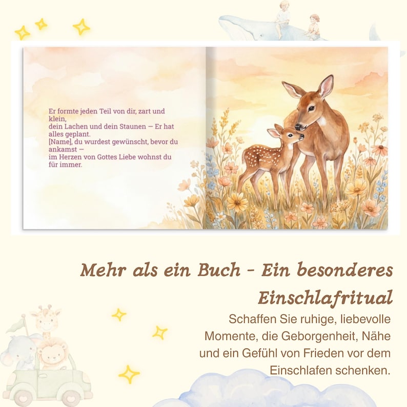 K&ouml;nnte beinhalten: Ein Kinderbuch mit Aquarellillustrationen. Die Doppelseiten zeigen ein Reh und ein Kitz in einem Blumenfeld. Der Text auf Deutsch lautet: "Mehr als ein Buch - ein besonderes Einschlafritual."
