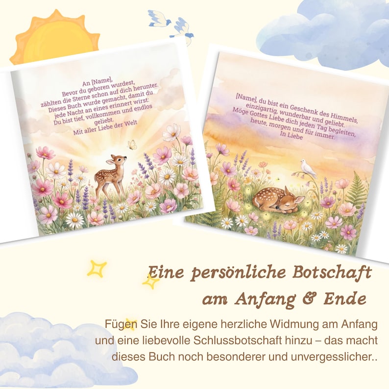 K&ouml;nnte beinhalten: Zwei offene B&uuml;cher mit Illustrationen eines Rehs in einem Blumenfeld. Der Text auf den Seiten enth&auml;lt eine personalisierte Nachricht. Das Bild hat eine weiche, pastellfarbene Farbpalette mit Sonne und Wolken im Hintergrund.