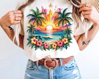 Tropical Beach Sunset PNG: Palm Trees, Hibiscus, Watercolor Clipart (Digital Download