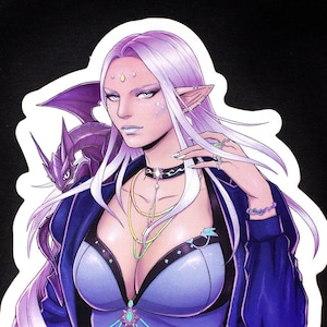 May include: A sticker featuring a digital illustration of a purple-haired elf with a small purple dragon on her shoulder. She is wearing a blue and purple outfit with a jeweled necklace and bracelets. The sticker has the text "kitten drumstick" at the bottom.