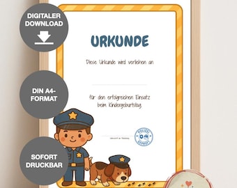 Certificat d'anniversaire pour enfant sur le thème de la police | Certificat PDF à imprimer