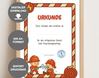 Firefighter certificate for children | Award & Printable PDF for instant download | Children's birthday party