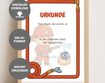 Urkunde Kindergeburtstag Feuerwehr | Zertifikat Printable PDF zum Ausdrucken Feuerwehr