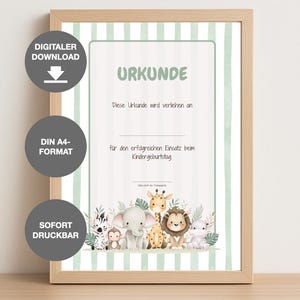 May include: A framed certificate with the German word "URKUNDE" at the top. The certificate has a light green and white striped background and features illustrations of various safari animals at the bottom. The text "DIGITAL DOWNLOAD", "DIN A4-FORMAT", and "SOFORT DRUCKBAR" are on the left.