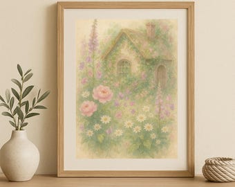 Cottage Garten Aquarell Druck | Vintage Blumen Wandkunst | Digitaler Download | Bilderbuch Cottage Kunstwerk