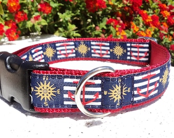 Nautical Dog Collar Quick Release dog collar Compass & Anchor boating dog collar, 1”, width,  S - L+