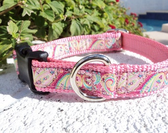 Dog Collar Quick Release  Dog Collar Pink Paisley, 3/4", fully adjustable for small - medium size dog, S - M