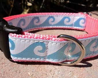 Dog Collar Side Release Dog Collar or Martingale dog collar Blue Wave, 3/4” or 1" width, photos show both widths with 5/8” ribbon, S -l
