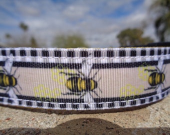 Dog Collar Honey Bees Gingham Quick Release 1” Dog Collar or Martingale Dog Collar, Sizes S - XL