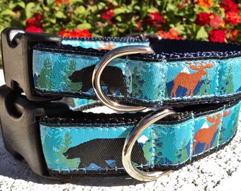 Bear & Moose Dog Collar, Quick Release buckle or Martingale, 3/4” or 1” wide adjustable, sizes S -Xl