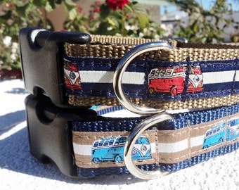 Dog Collar quick release dog collar V W bus in red or blue, 3/4" or 1" fully adjustable, sizes  s - L+