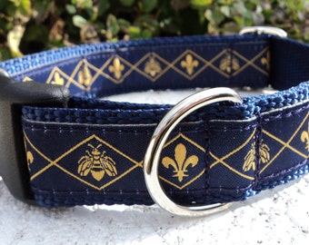 Dog Collar Quick Release dog collar or Martingale dog collar Bee & Fleur de Lis, 3/4” or 1" width, sizes S - L+