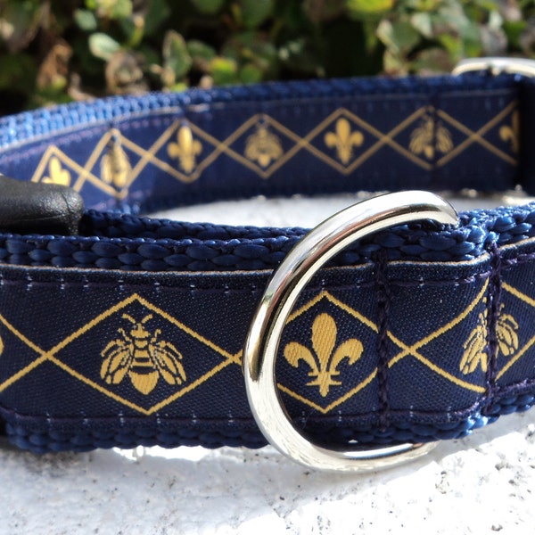 Dog Collar Quick Release dog collar or Martingale dog collar Bee & Fleur de Lis, 3/4” or 1" width, sizes S - L+