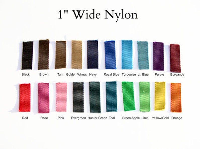 Pu&ograve; includere: Una selezione di nastri in nylon larghi 2,5 cm in vari colori, tra cui nero, marrone, beige, grano dorato, blu navy, blu reale, turchese, blu chiaro, viola, bordeaux, rosso, rosa, rosa chiaro, verde scuro, verde cacciatore, verde acqua, verde mela, lime, giallo oro e arancio.