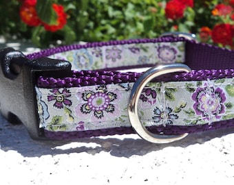 Small Dog Collar Quick Release Lavender Floral Jacquard ribbon 3/4” width small dog size 8"-12.5", choose web base color.