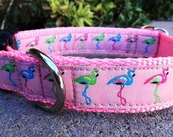 Dog Collar Quick Release Dog Collar or Martingale dog collar Pink Flamingo, 1”, fully adjustable, sizes S - XXL