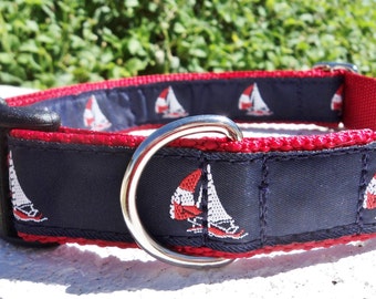 Dog Collar Flat Quick Release Dog Collar Nautical Sailing Navy, 1” width, fully adjustable, limited ribbon, no Martingale, sizes S - L+