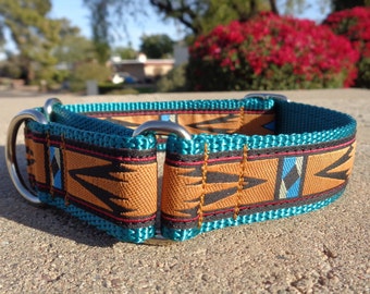 Dog Collar Quick Release dog collar or Martingale dog collar Tribal Copper, 3/4" or 1" width, sizes S - XL Tribal in copper & Turquoise.