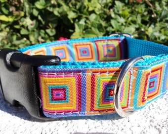 Dog Collar Quick Release Dog Collar or Martingale Dog Collar, 1” width, Colorful Geometric, custom made, sizes S - XL