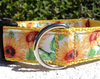 Dog Collar Quick Release dog collar or Martingale dog collar Sunflowers, 1” width, Girl dog collar, sizes S - XL
